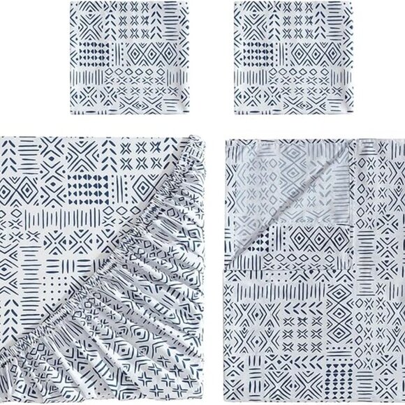 🆕4 Piece Blue King Bed Sheet Boho Geometric Patterned Soft & Wrinkle Bed Set - Picture 4 of 7